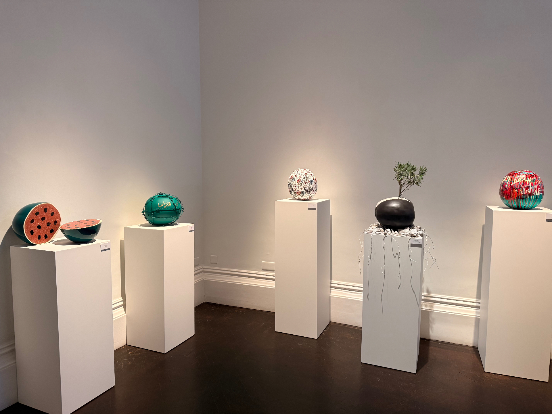 Installation view of sculptural works on pedestals at Bateekha, Gallery 1957, London
